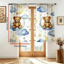 2pcs Cartoon Digital Print Curtains, Teddy Bear Swinging Moon And Clouds, Cute Watercolor Children Style, Baby Room Bedroom Decor - Multicolor - View 16