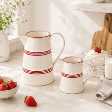 1pc Bohemian Farmhouse Enamel Metal Pitcher Vase, Cream White Jug With Red/Blue Stripes, Vintage Decorative Water Can, Tabletop Flower Vase For Kitchen, Living Room, Dining Table, Indoor Home Decor, Rustic Country Home Accent Decor - Little Red - View 1