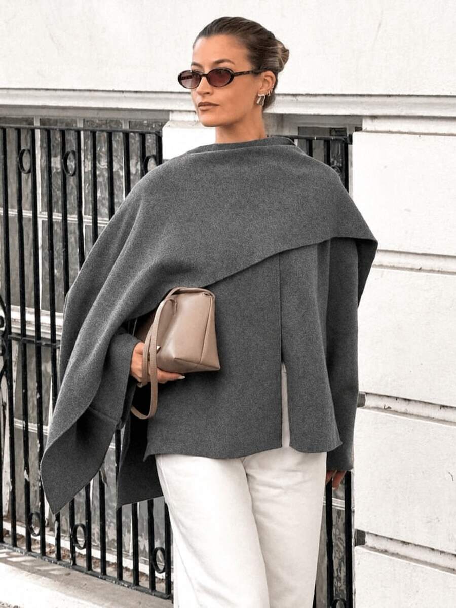 Women's Casual Oversized Grey Knitted Poncho, Autumn/Winter - Dark Grey - View 1