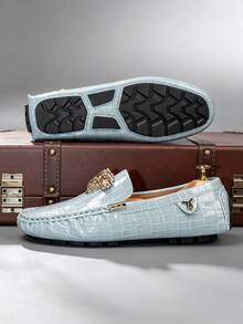 Men's Crocodile Embossed Loafers, Gold Metal Buckle Slip-On Driving Shoes, Business Banquet Casual Moccasins - Baby Blue - View 4