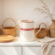 1pc Bohemian Farmhouse Enamel Metal Pitcher Vase, Cream White Jug With Red/Blue Stripes, Vintage Decorative Water Can, Tabletop Flower Vase For Kitchen, Living Room, Dining Table, Indoor Home Decor, Rustic Country Home Accent Decor - Little Red - View 7