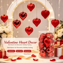Red Heart & Round Ball Ornament Set, Glass & PVC Hanging Baubles, Glossy & Matte Dual Finish Valentine Christmas Hanging Decorations, Reusable Festive Pendant For Christmas Tree, Wreath, Gift Box, Holiday Home Party Decor Supplies - 12-pack Christmas Ornaments - View 5