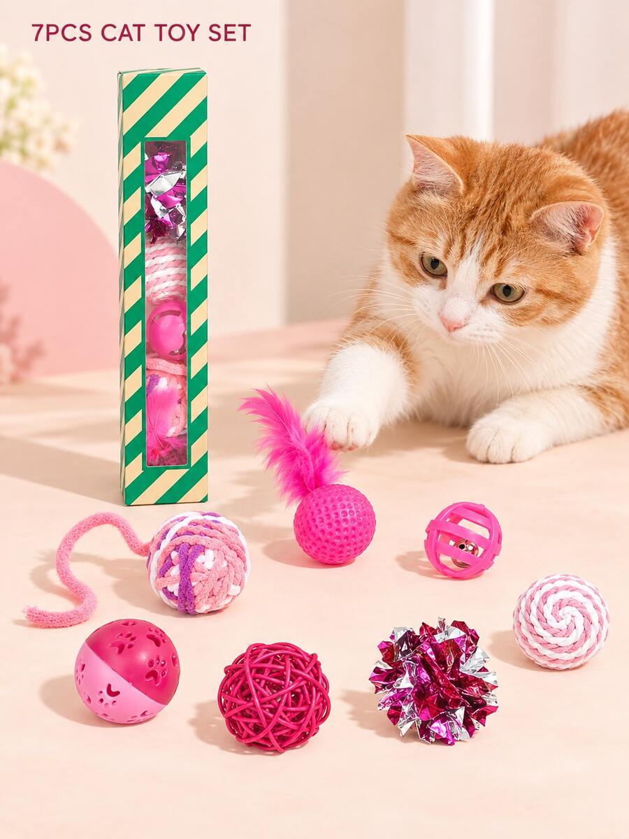 7PCS Cat Toys For Indoor Cats, Pink Interactive Cat Toy Set With Bell ...