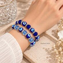 1pc 3 Styles Blue Evil Eye Beaded Stretch Bracelet For Women, Horseshoe Charms & Faceted Beads, Silver Tone Spacers, Boho Stackable Jewelry - Beads - View 4