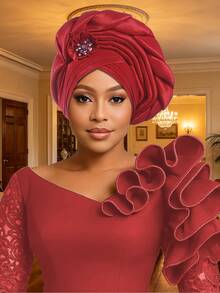 1pc Women's African Auto Gele Turban Hat, Pre-Made Pleated Headtie With Rhinestone Flower Decor, Nigerian Wedding Party Head Wrap Headpiece - A - View 7