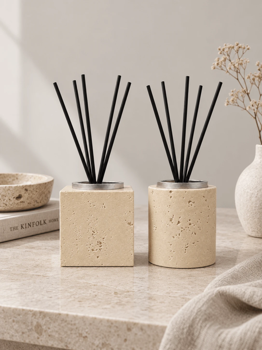 1pc/2pcs Wabi Style Square & Tubular Shaped Diffuser Vessel Set, With Decorative Rim & Volatile Sticks, Reusable Flameless Fragrance Container, For Tabletop Home Display, Housewarming & Anniversary Gift - Stone Aroma Diffuser Bottle - View 1