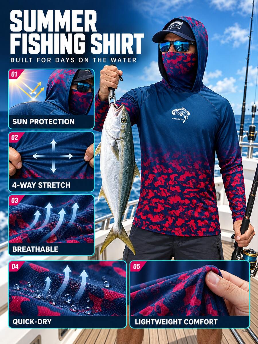 Men's Summer Fishing Hoodie Sailing Shirt Face Cover Neck Guard Hunting Sports Shirt High Performance Fishing Gear Beach Top Climbing Uniform Fishing Shirt - Royal Blue - View 1