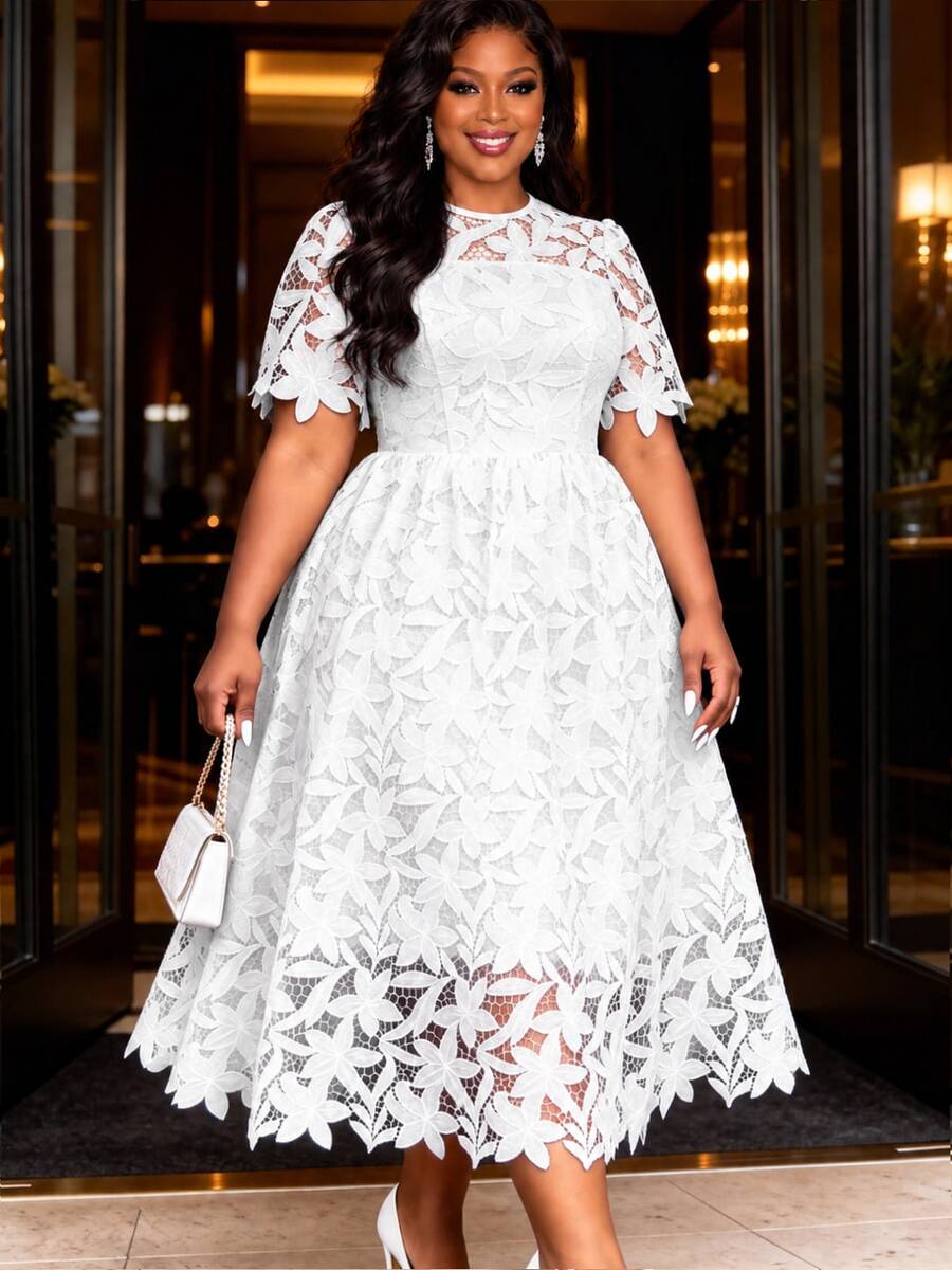 Plus Size White Summer Women's Hollow Lace Floral Elegant A-Line Dress, Party & Wedding Style Fall