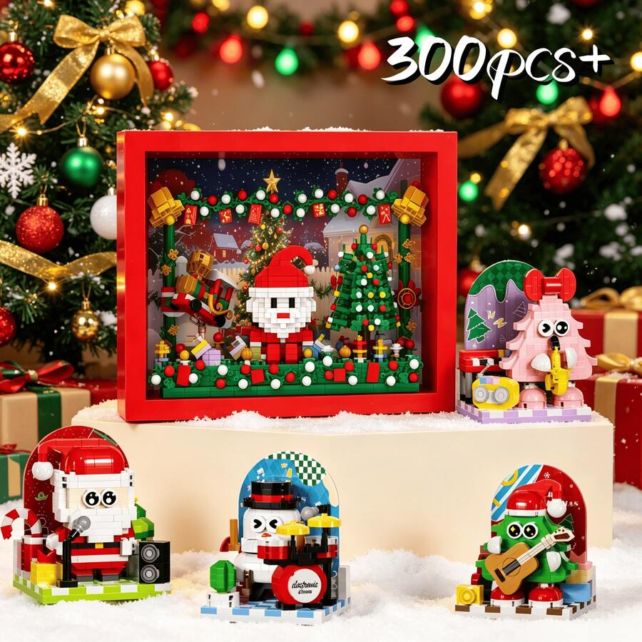 Christmas Theme Band Building Block Set, 4 Styles Including Santa Claus, Snowman, Christmas Tree Figures, With Guitar, Drum Set And Other Musical Instrument Accessories, Smooth Touch, Stress Relief Handmade Decor, Strong Holiday Atmosphere, Suitable As Christmas Gift, Desk Decoration, Fun DIY Assembly Toy - Multicolor - View 1