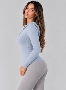 Women's Sports Top, Henley Half-Button Hooded Long Sleeve Ribbed Waist-Cinching Slim Fit Elastic Yoga Workout Wear - Baby Blue - View 3