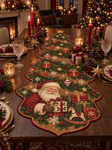 1pc-Vintage Christmas Tree Table Runner Holiday Decor, Unique Shaped Linen Table Runner With Santa Claus Gift Box Ornament Design, Rustic Farmhouse Xmas Dining Table Decoration For Kitchen Dining Room Party Home Holiday Decor - Multicolor - View 7
