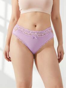 Rosiemei Celana Dalam Segitiga Rajut Katun Murni dengan Motif Renda dan Patchwork yang Nyaman untuk Wanita, 1 buah - Mauve Purple - View 2
