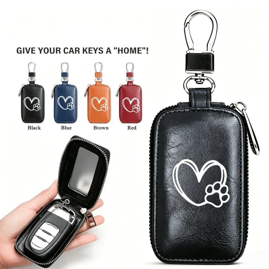 1pc Heart & Paw Print PU Leather Car Key Cover, Zippered Key Fob Protective Pouch, Universal Car Key Storage Bag - Multicolor - View 1