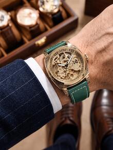 1pc Men's Black Zinc Alloy Business Style Luminous Engraved Fully Automatic Tourbillon Skeleton Mechanical Watch - Army Green - View 5