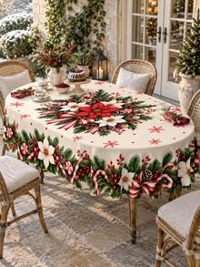 Christmas Print Tablecloth, Red And White Poinsettia, Candy Cane, Pine Branch, Pine Cone And Snowflake Pattern, Cream White Vintage Holiday Dining Tablecloth, Suitable For Christmas Dinner, Kitchen, Dining Room, Family Gathering And Winter Home Decor - Multicolor - View 5