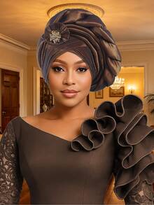1pc Women's African Auto Gele Turban Hat, Pre-Made Pleated Headtie With Rhinestone Flower Decor, Nigerian Wedding Party Head Wrap Headpiece - A - View 13