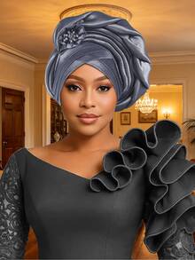 1pc Women's African Auto Gele Turban Hat, Pre-Made Pleated Headtie With Rhinestone Flower Decor, Nigerian Wedding Party Head Wrap Headpiece - A - View 15