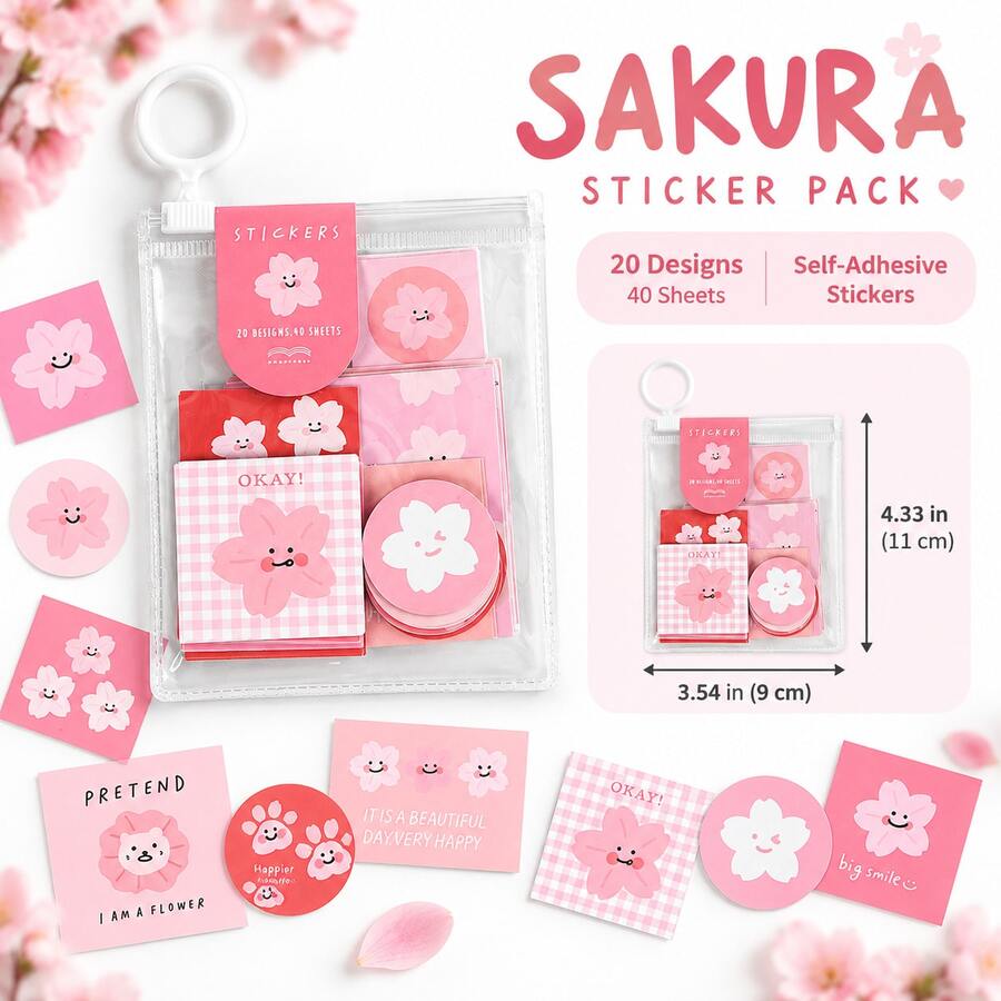 Expression Story Series Adhesive Sticker Pack, Cartoon Food Stickers, Hand-Drawn Fruit Stickers, Cherry Blossom Pink Floral Element Planner Stickers, DIY Decorative Stickers - Multicolor - View 1