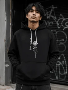 Men's Black Japanese Rose Line & Japanese Text Print Sweatshirt, Drawstring Kangaroo Pocket Casual Sports Pullover - Black - View 2