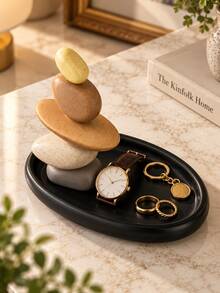 Stacked Stone Balance Sculpture With Black Storage Tray, Modern Abstract Resin Home Decor Ornament, Jewelry Key Watch Organizer For Entryway, Living Room, Bedroom & Office - A - View 5
