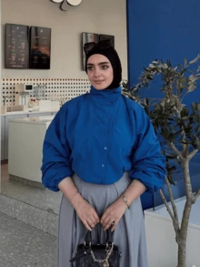Women's Fashion Blue Polyester Loose Regular Fit Long Sleeve Pleated High Neck Jacket, Non-Stretch Fabric - Blue - View 2