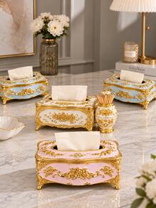 Rose Flower Pattern Paper Towel Box, Luxury European Style Gold-Plated Tissue Box Cover, Tissue Box & Matching Toothpick Holder Options For Living Room, Bathroom, Vanity, Kitchen, Hotel, Restaurant, Halloween, Thanksgiving, Christmas - Multicolor - View 2
