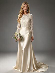 Floral Lace Dress - Long Sleeve, Round Neck, Satin Flowing Gown Fall Wedding - Champagne - View 1