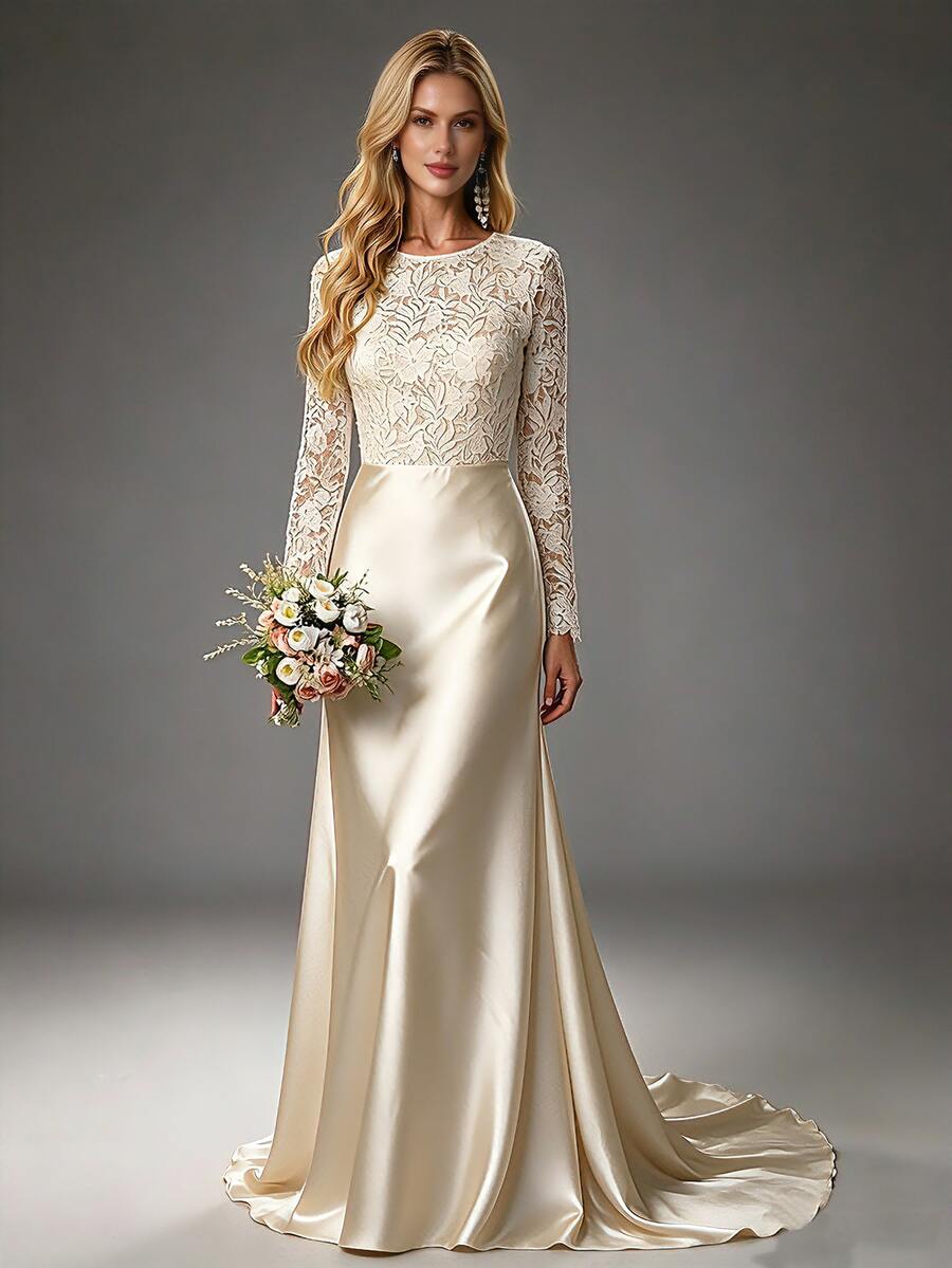 Floral Lace Dress - Long Sleeve, Round Neck, Satin Flowing Gown Fall Wedding - Champagne - View 1