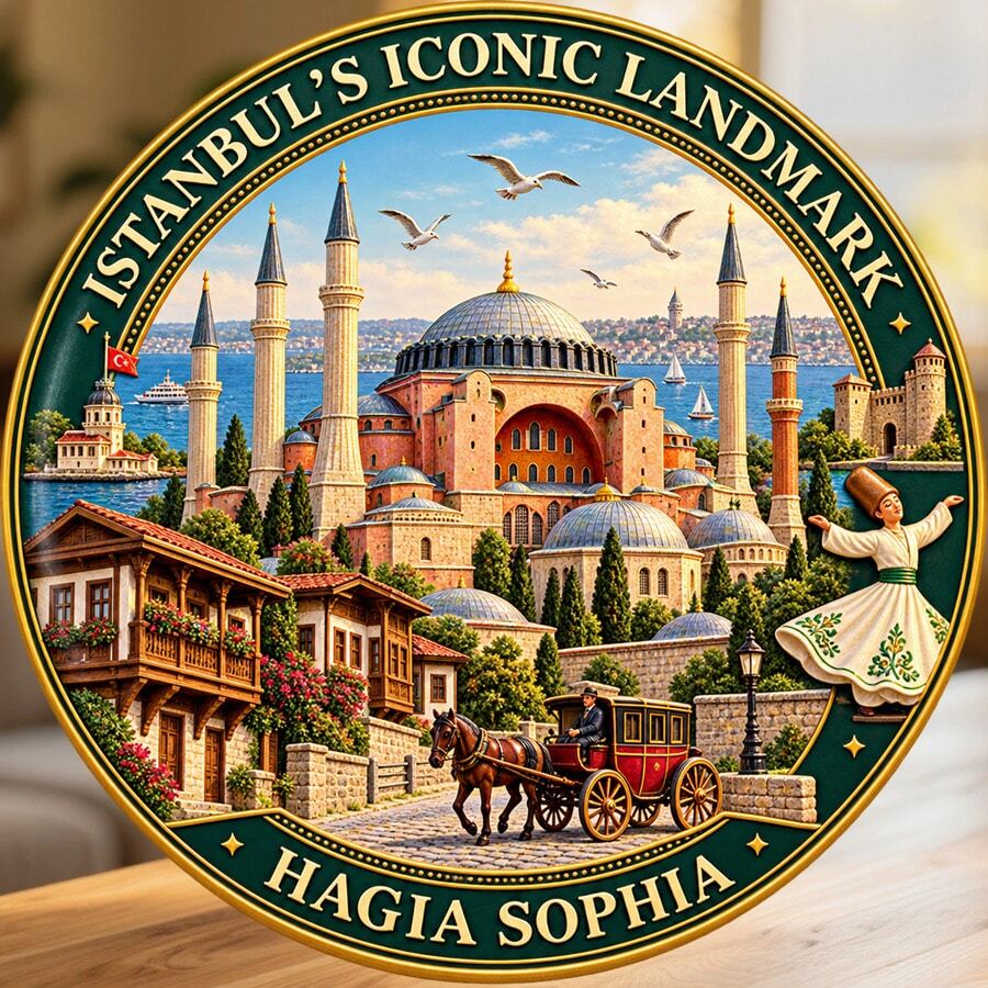 Istanbul Hagia Sophia With A Traditional Street Scene Fridge Magnet, A Cherished Landmark Travel Keepsake For All Metal Surfaces Throughout The Home - A - View 1