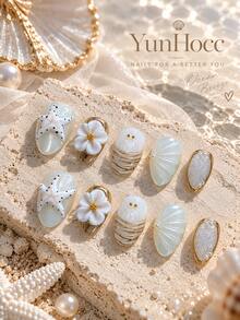 10Pcs Short Almond Square Handmade Reusable Press On Nails, Milky Sheer White Base, 3D Starfish, Shell, Conch & White Flower Decor, Gold Rim Glitter Accent, Fresh Ocean Vacation False Nail Set For Beach Trip, Photoshoot & Summer Dating - Multicolor - View 2