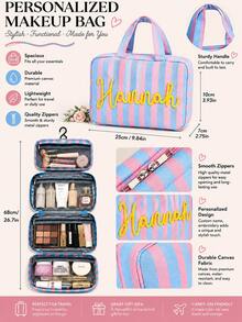 1 buah Tas Kosmetik Bergaris yang Dipersonalisasi, Nama Dapat Disesuaikan, Tas Perlengkapan Mandi Perjalanan Kapasitas Besar dengan Pegangan dan Pengait, Tas Penyimpanan Perlengkapan Mandi Wanita Portabel, Hadiah Undangan Pengiring Pengantin - MultiWarna - View 10