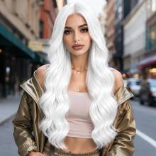 28 Inch White Long Curly Wig, Middle Part, No Bangs, Heat-Resistant Synthetic Fiber, Fashionable And Elegant, Natural Styling, Voluminous And Versatile, Suitable For Cosplay, Christmas, Music Festival, Daily Wear For All Women - White - View 7