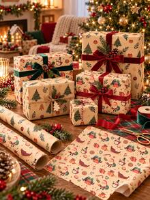 4 Sheets Vintage Christmas Wrapping Paper, Santa Claus Reindeer Tree Pattern, Holiday Gift Wrapping Paper, Suitable For Gift Boxes And Party Decorations - Multicolor - View 2