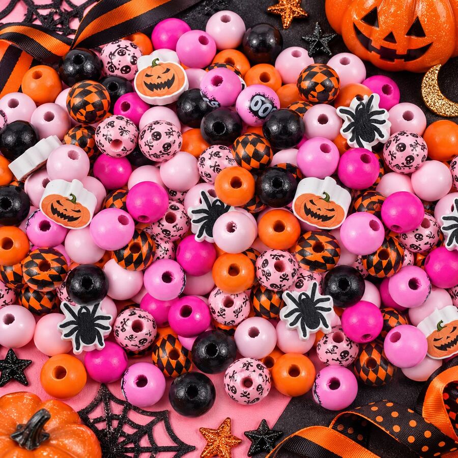 130pcs Halloween Wooden Beads, Suitable For DIY Halloween Bracelets, Necklaces, Pendants, Wreath Decorations, Phone Charms, Keychains - Multicolor - View 1