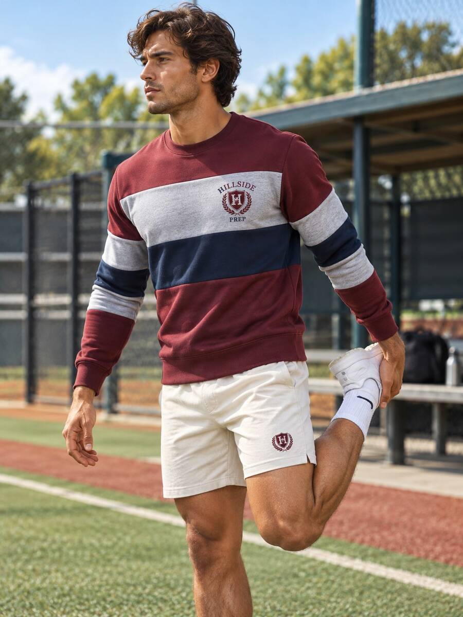 Men's Collegiate Style Rugby Color Block Striped Crew Neck Sweatshirt, HILLSIDE PREP Logo Graphic Long Sleeve Casual Pullover - Multicolor - View 1