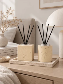 1pc/2pcs Wabi Style Square & Tubular Shaped Diffuser Vessel Set, With Decorative Rim & Volatile Sticks, Reusable Flameless Fragrance Container, For Tabletop Home Display, Housewarming & Anniversary Gift - Stone Aroma Diffuser Bottle - View 8