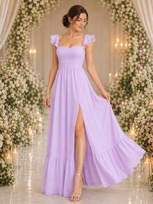 Volly Toych Elegant Lilac Purple Chiffon Bridesmaid Maxi Dress, Spaghetti Straps, Ruffle Sleeves, High Slit Long Skirt, Suitable For Formal Occasions Or Vacation - Mauve Purple - View 4