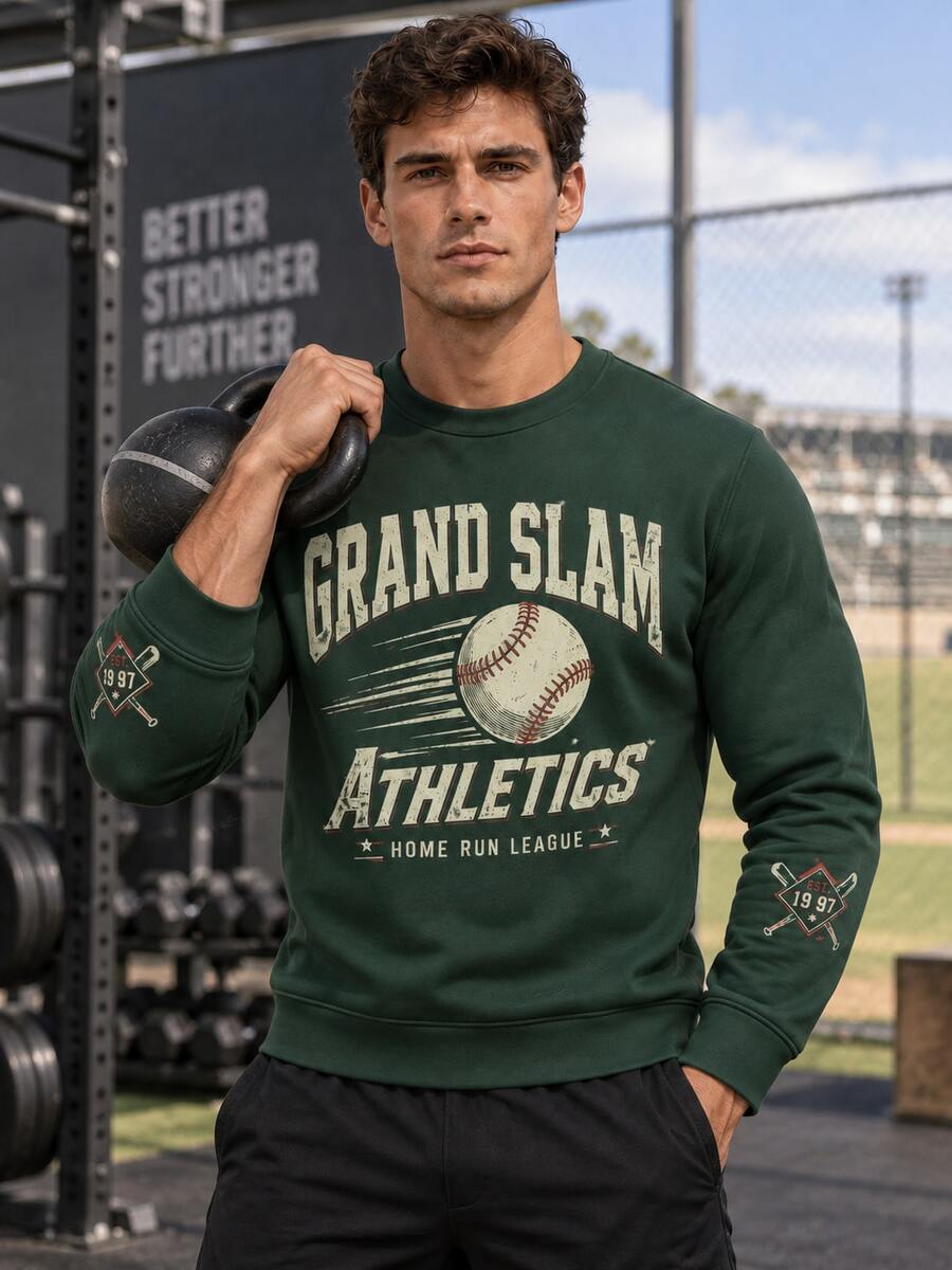 Men's Vintage Baseball Pattern Crew Neck Sweatshirt, GRAND SLAM ATHLETICS Printed Long Sleeve Pullover, Casual Retro Sportswear, Suitable For Daily Wear - Green - View 1