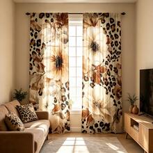 2pcs Digital Printed Curtains, Vintage Leopard Print Beige Large Floral Aesthetic Home Decor Window Curtains - Multicolor - View 8