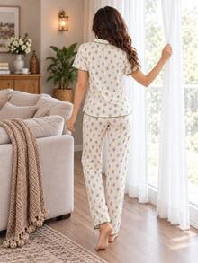 Cute Pastoral Style Light Green Trim Short Sleeve Long Pants Lapel Ditsy Floral Summer Women's Pajama Set - White - View 5