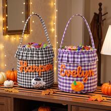 TONGFANTECH Halloween Plaid Handheld Storage Basket, Children's Trick Or Treat Candy Bucket, Holiday Decoration Fabric Storage Bin With Customizable Name - Multicolor - View 5