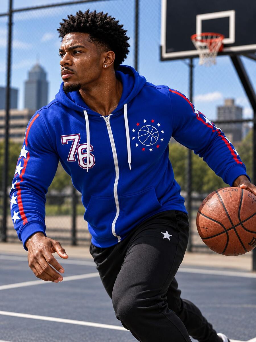 Philadelphia 76ers Style Zip-Up Sweatshirt – Royal Blue Basketball Sweatshirt With Star & Stripe Sleeves - Blue - View 1