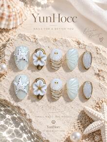 10Pcs Short Almond Square Handmade Reusable Press On Nails, Milky Sheer White Base, 3D Starfish, Shell, Conch & White Flower Decor, Gold Rim Glitter Accent, Fresh Ocean Vacation False Nail Set For Beach Trip, Photoshoot & Summer Dating - Multicolor - View 1