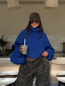 Women's Fashion Blue Polyester Loose Regular Fit Long Sleeve Pleated High Neck Jacket, Non-Stretch Fabric - Blue - View 10