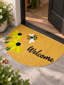 Semi-Circular Welcome Doormat, Sunflower & Bee Welcome Pattern, Bright Welcoming Decorative Design, Edged Construction Adds Layered Look To Entrance, Suitable For Front Door, Entryway, Foyer And Hallway - Brown - View 4