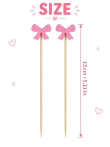 100pcs Pink Bow Bamboo Food Picks, Cute Cupcake And Dessert Toppers For Baby Shower, Birthday And Wedding Party Table Decorations - Multicolor - View 7