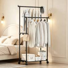 Double-Pole Vertical Clothes Drying Rack, Tall Hanging Area For Long Garments To Prevent Dragging, Side Hooks For Bags And Keys, Bottom Storage Shoe Rack, Thickened Steel Tube For Strong Load-Bearing, Floor-Standing Drying Rack For Home Bedroom - Single/Double-layer Drying Rack - View 13