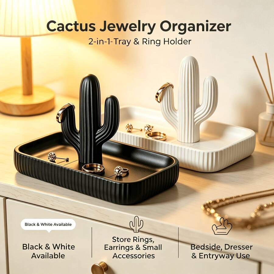 1pc Black & White Cactus Jewelry Storage Rack, Multi-Functional Ring Necklace Earring Display Tray, Minimalist Wabi-Sabi Style Decorative Accessory, Gift For Boys & Girls