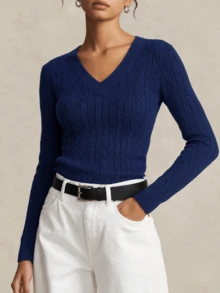 Apperloth A Women's Spring Casual Thin Soft V-Neck Long Sleeve Fitted Short Textured Knit Pullover Sweater Fall - Blue - View 7