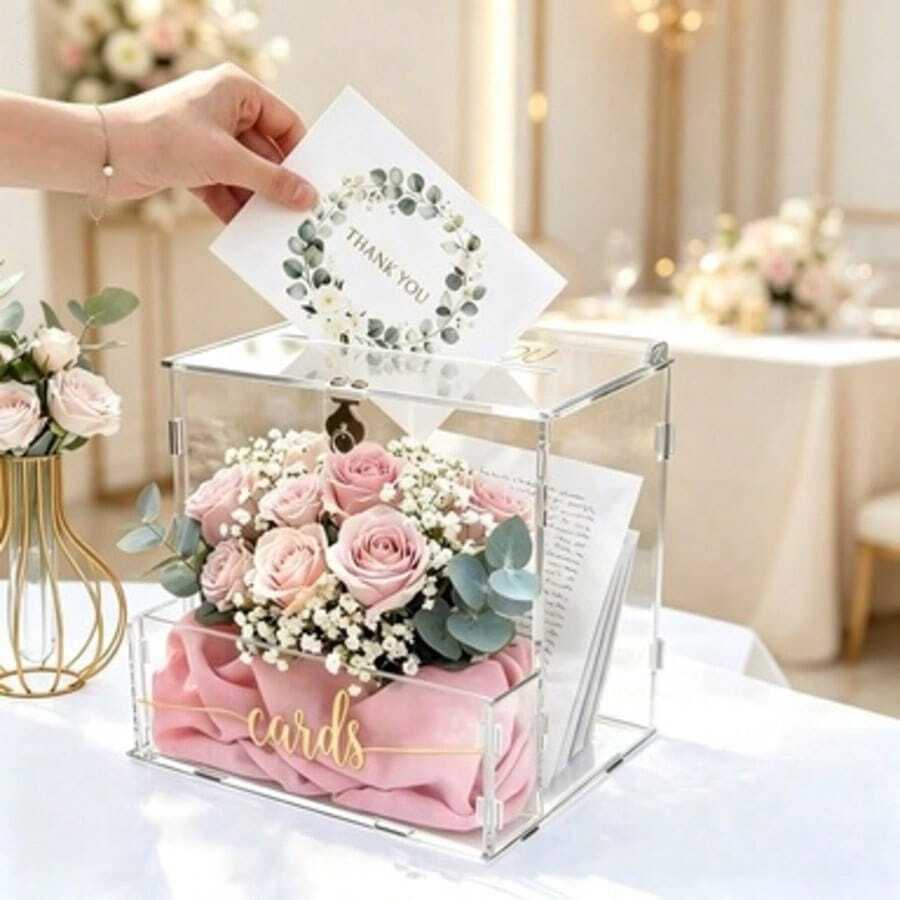 1pc Luxury Acrylic Wedding Card Box With Floral Compartment Design, Lockable Transparent Gift Box, Guest Thank You Note Storage Decorative Box, Rectangular Wish Box For Wedding Reception Party Supplies - Multicolor - View 1